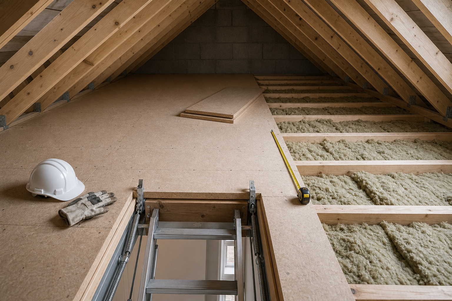 An attic with wooden beams and floorboards, showing insulation, a tape measure, a hard hat, and gloves adjacent to a ladder.
