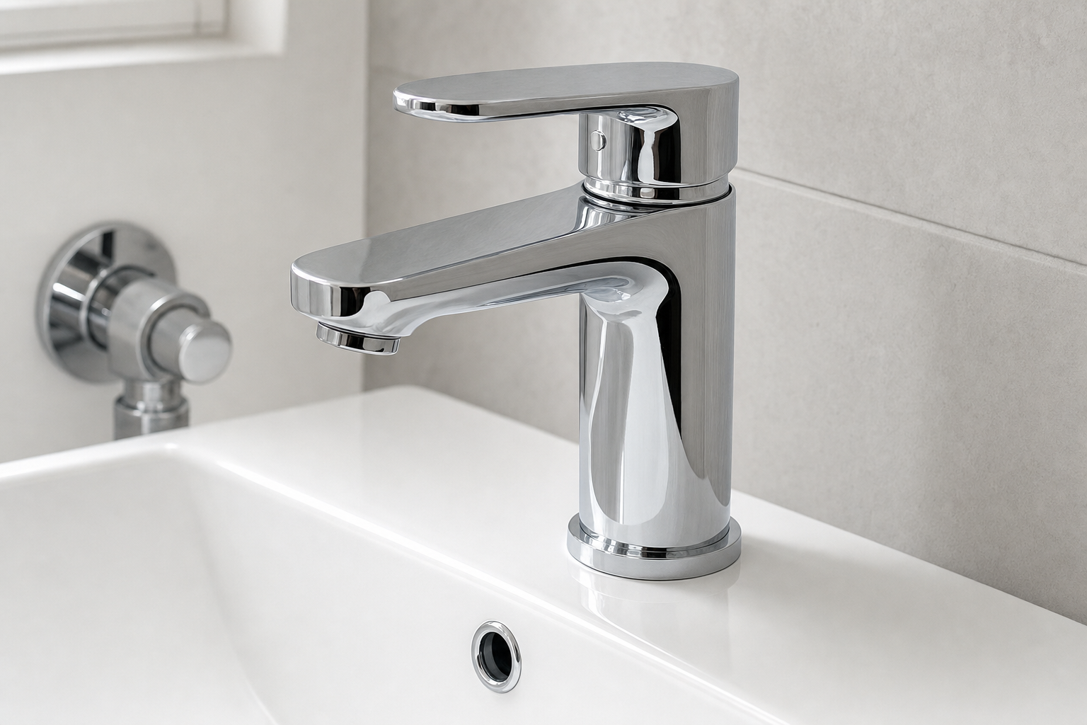 Modern chrome bathroom tap on a white ceramic basin.