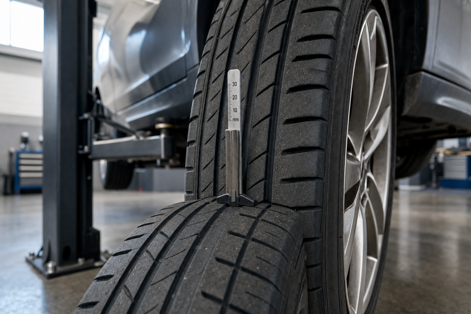 A tyre tread depth gauge measuring a car tyre in a garage setting.
