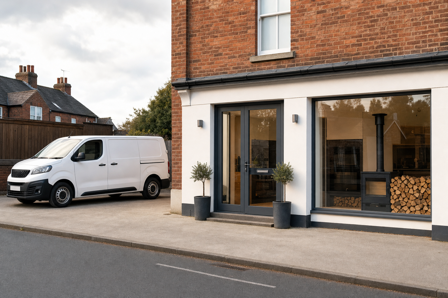 White delivery van parked beside a modern brick building with large windows and a wood-burning stove.