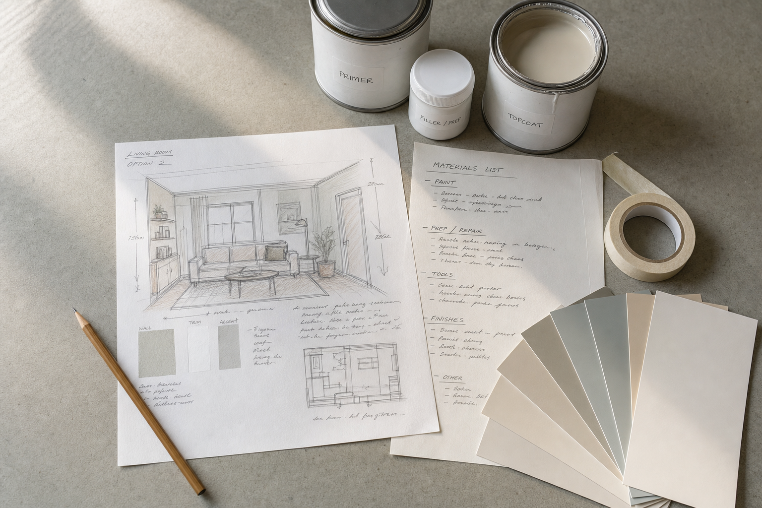 Interior design sketch with paint samples, materials list, and open paint tins on a table.