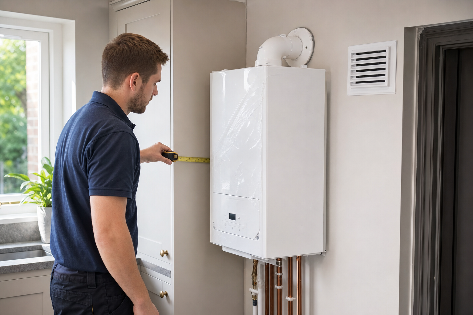 A technician measures the space around a wall-mounted boiler in a modern kitchen.