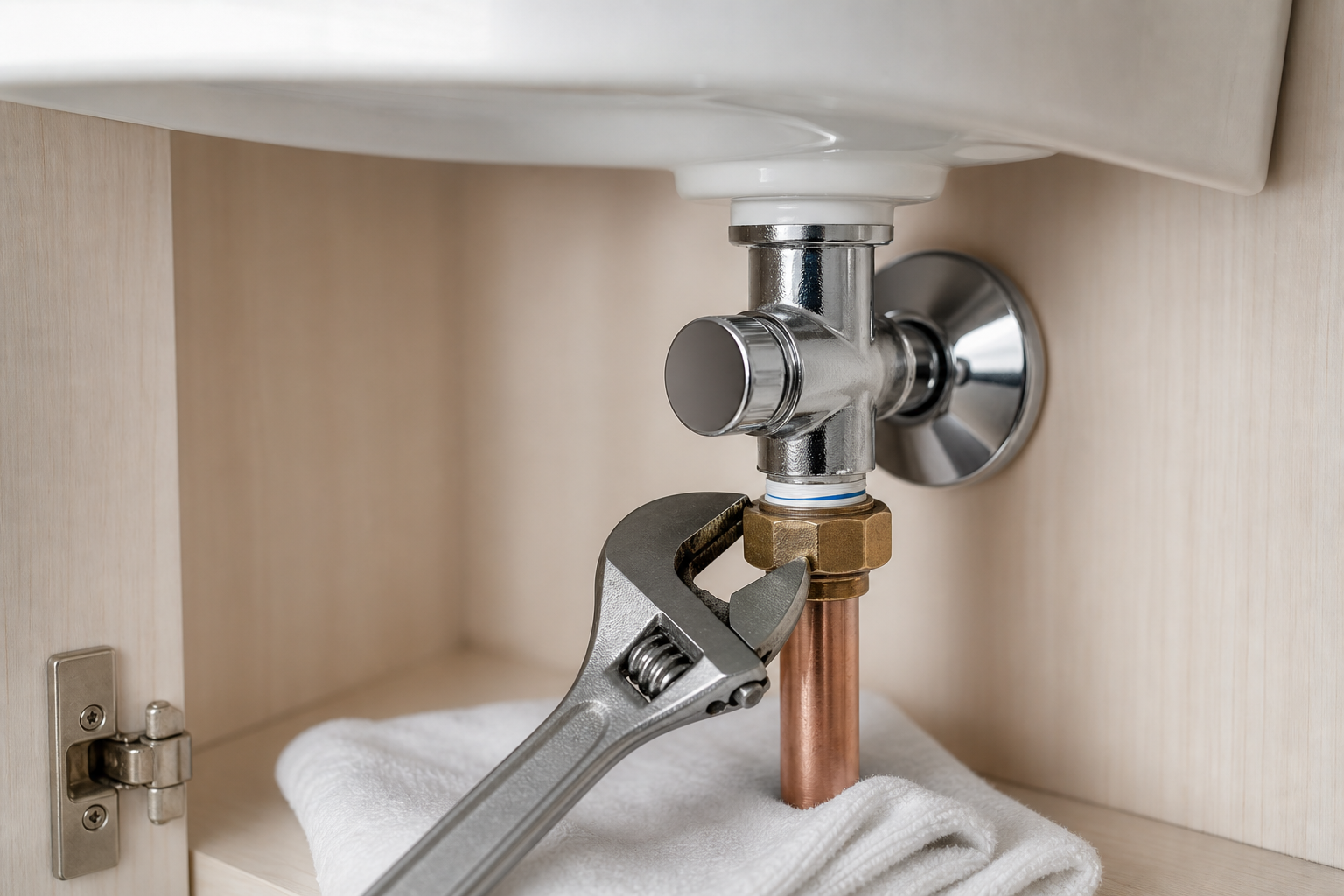A spanner tightens a pipe fitting under a sink, with a white towel nearby.