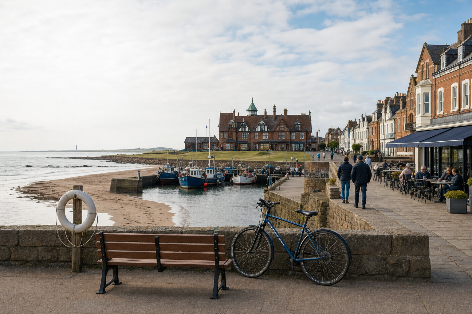 A coastal path with a bicycle and bench leads to a harbour with moored fishing boats and a row of historic buildings.
