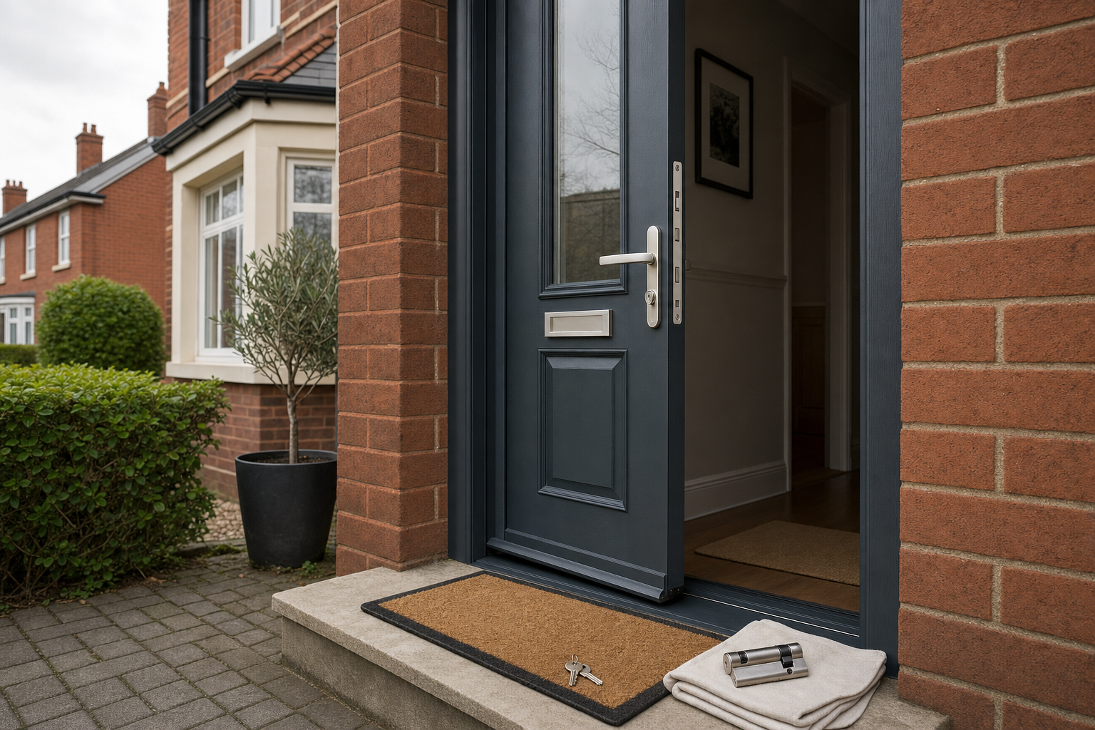 A modern blue front door is slightly open, with keys and a door lock cylinder on a mat.