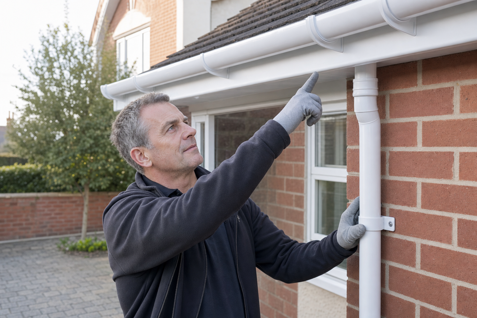 Man inspecting a white gutter outside a brick house.