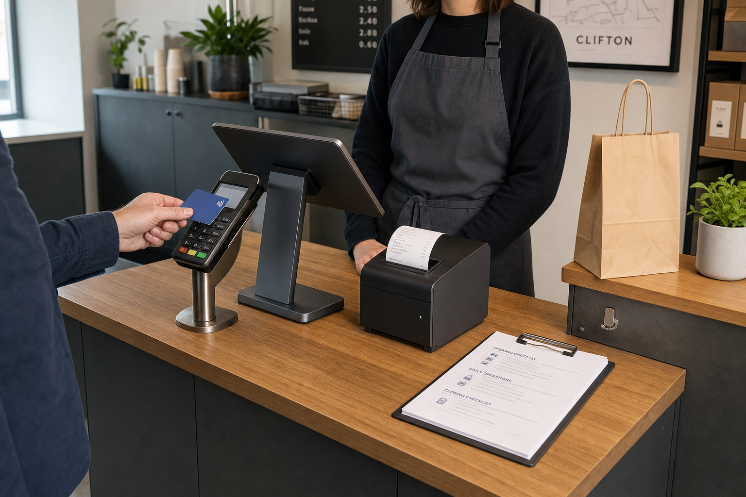 A customer uses a contactless card at a modern café counter, with a cashier in a grey apron.