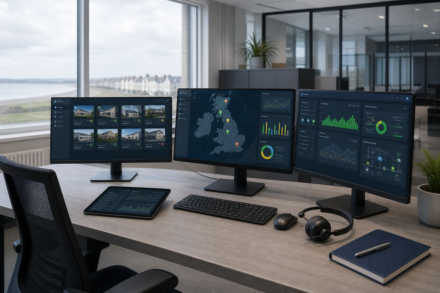 Modern office desk with three monitors displaying data analytics and a tablet.