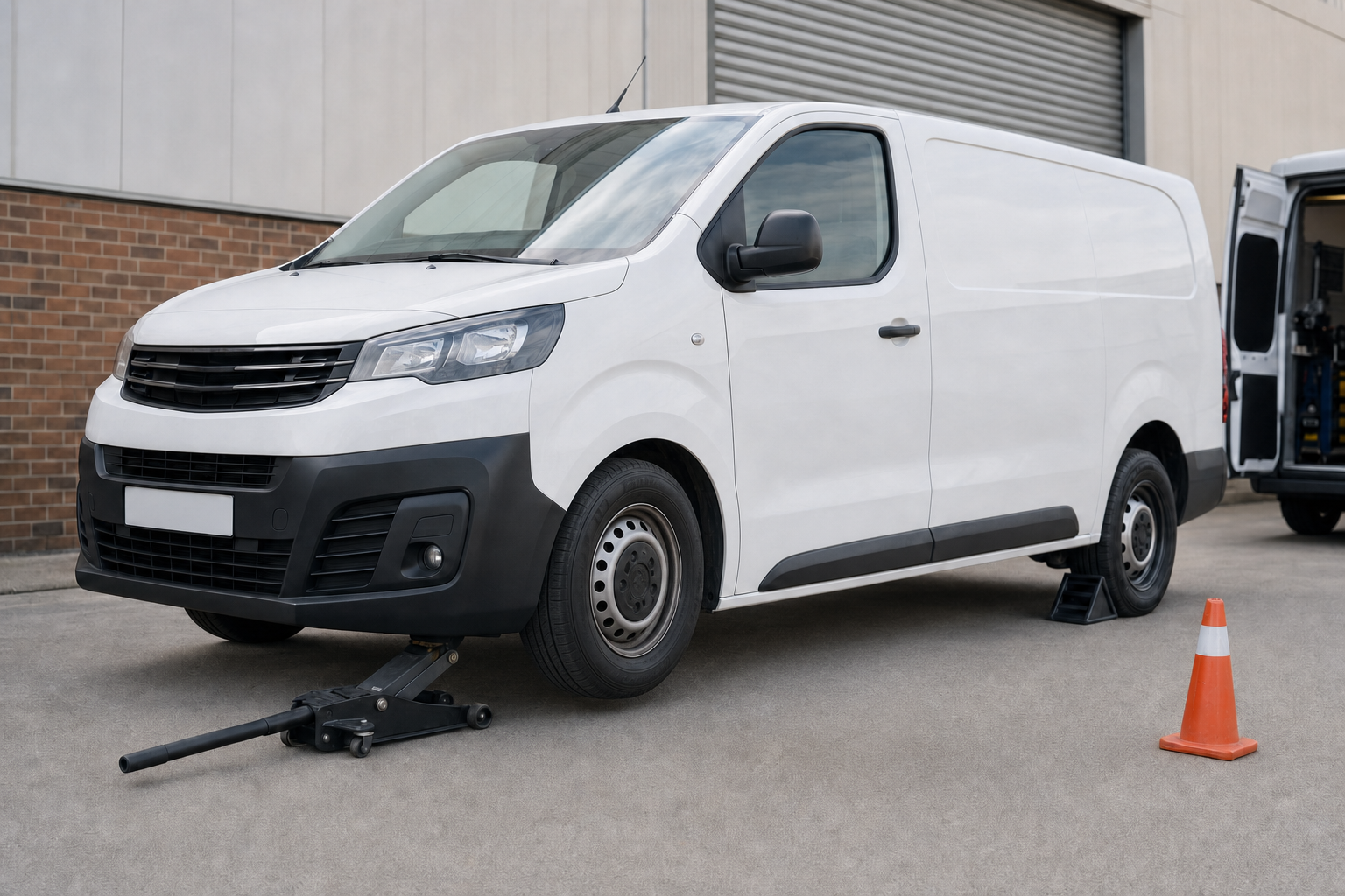 White van undergoing tyre change with a hydraulic jack and safety cone in an industrial setting.