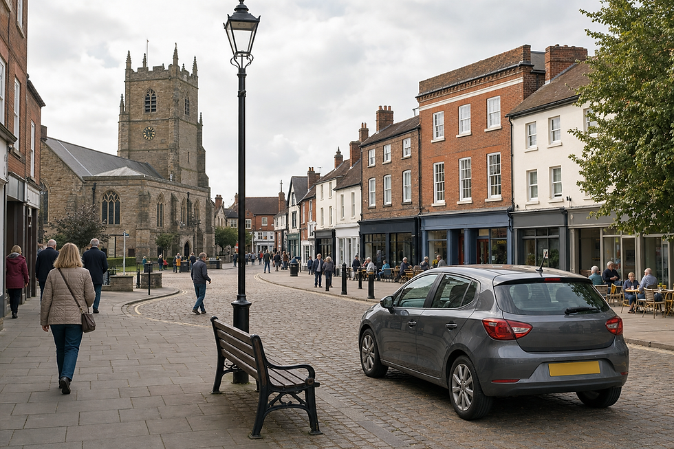 A town street with people walking and sitting outside cafés, a church in the background, and a parked car in the foreground.