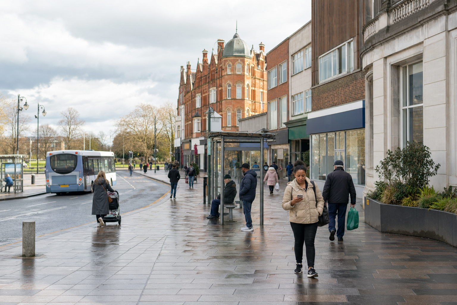 Pedestrians walk along a wet pavement in a town centre, with a bus at a stop and historic red brick buildings in the background.