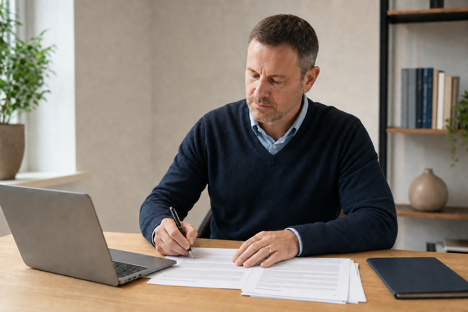 A man in a navy jumper works at a table, reviewing documents next to a laptop in a modern office.