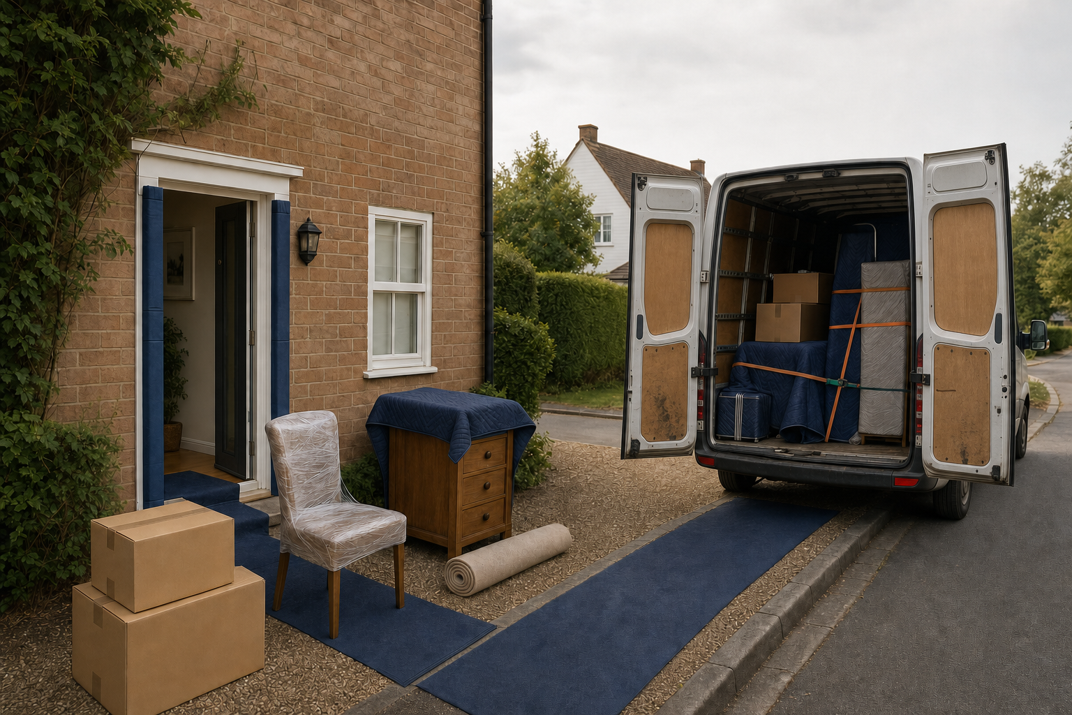 Moving van parked outside a house with open doors, surrounded by packed furniture and boxes.