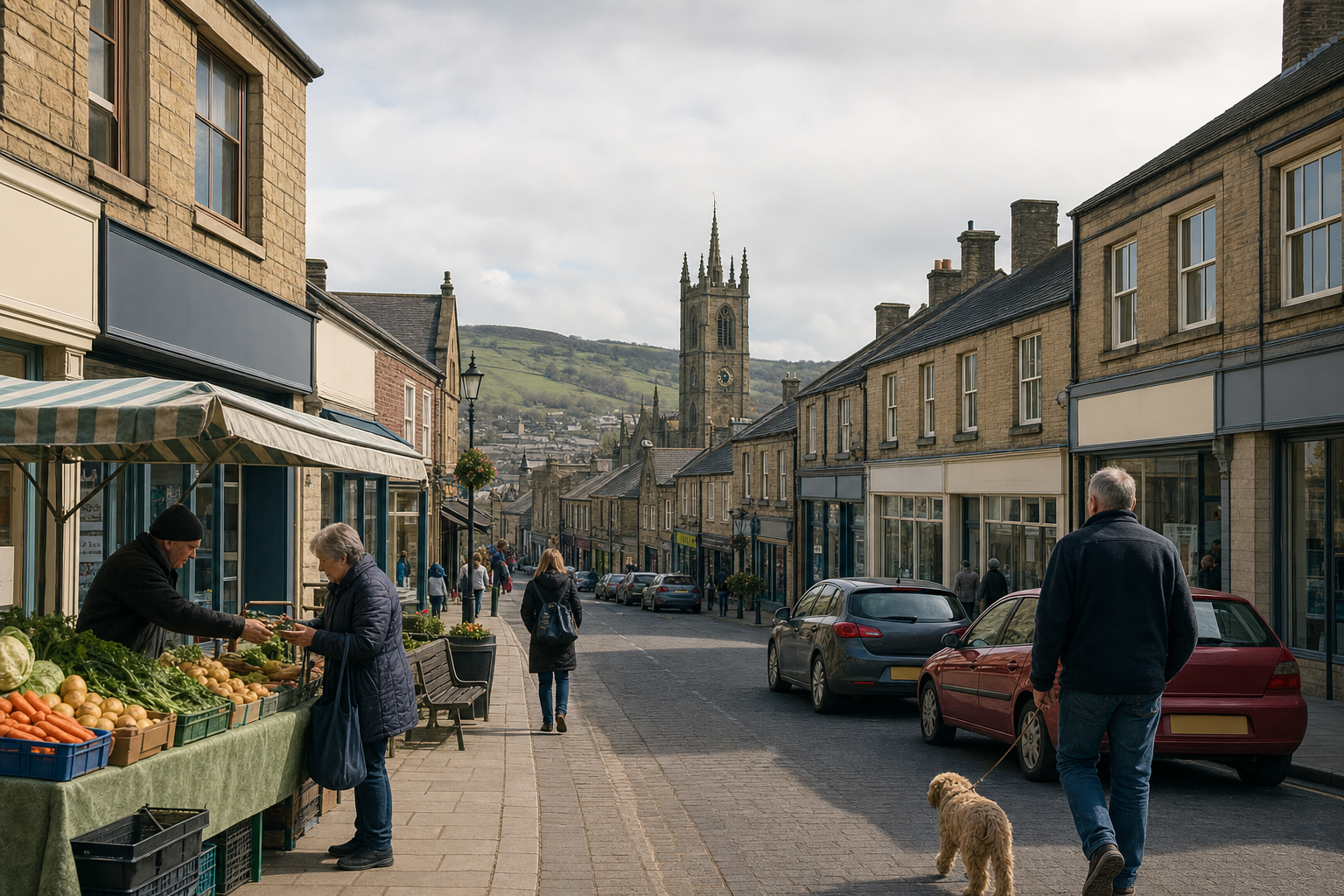A busy street market in a quaint town with a church tower and rolling hills in the background.