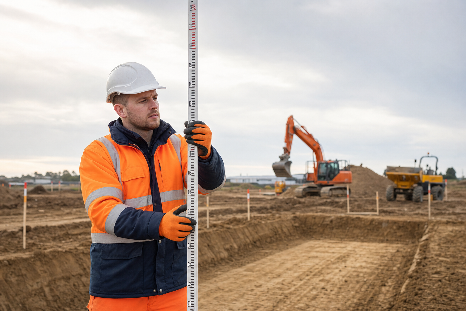 Construction worker in a high-vis jacket holds a measuring rod on a building site with excavators in the background.