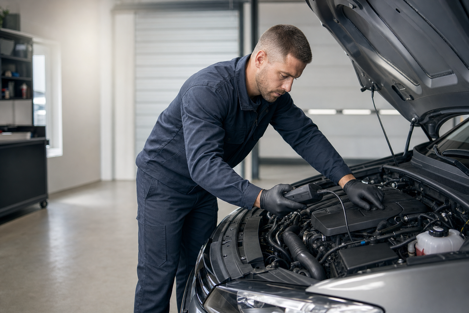 Mechanic in a garage inspects a car engine with diagnostic equipment.