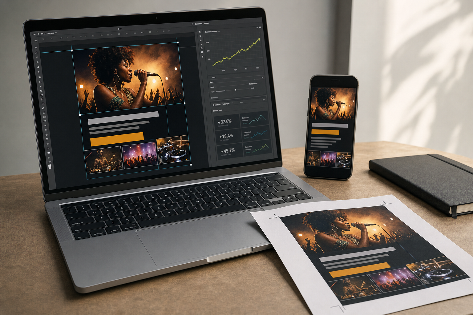 A laptop, smartphone, and printout display a design layout featuring a female singer performing on stage.