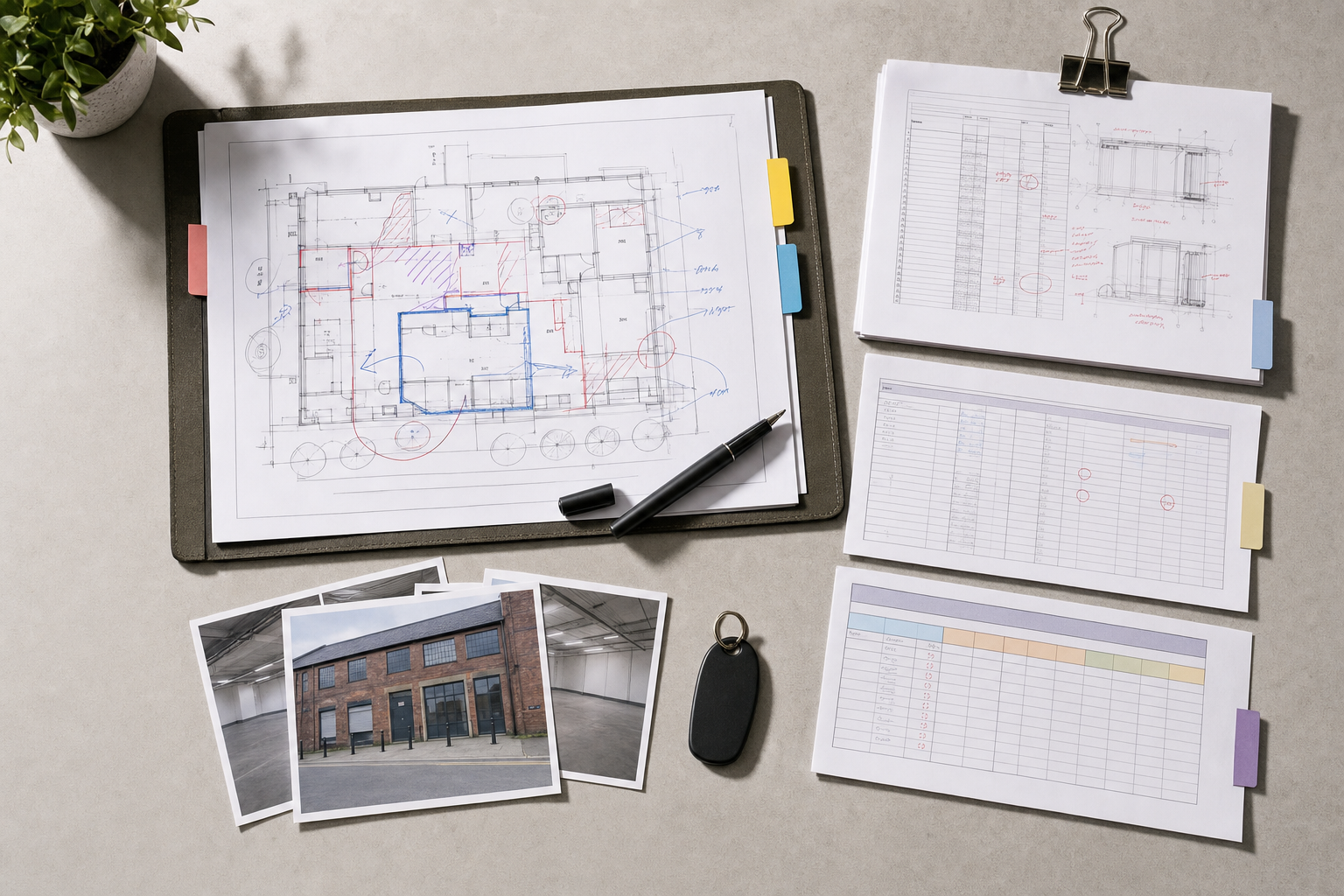 Architectural floor plan with notes, accompanied by photographs, a pen, and a remote on a grey surface.