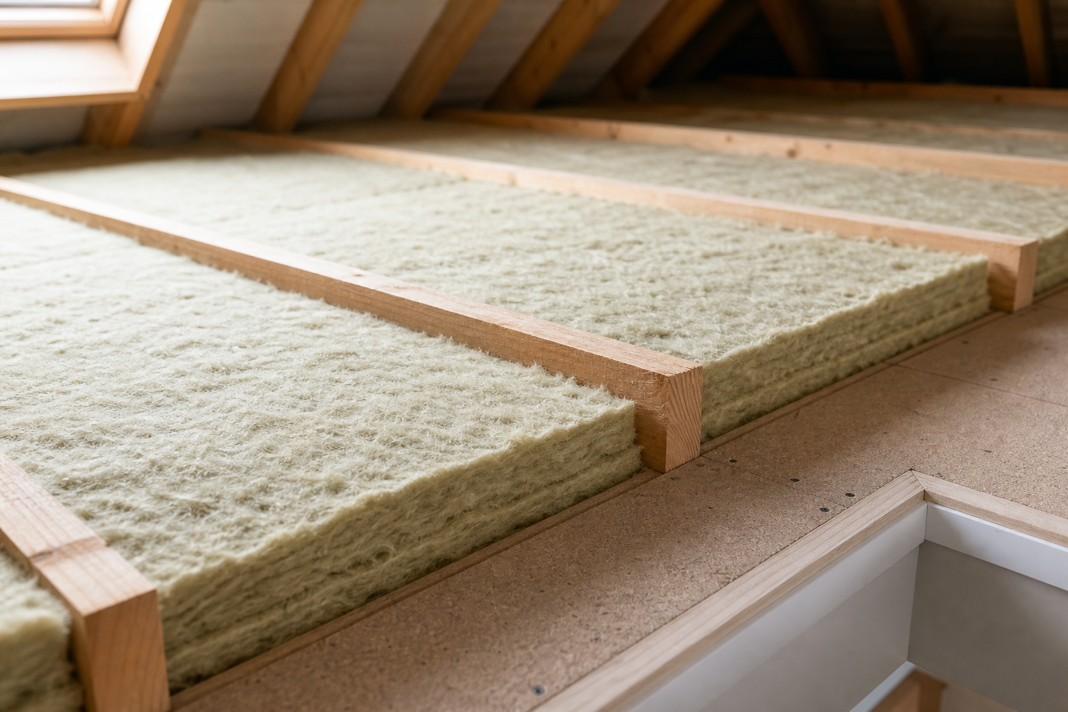 Insulation panels laid between wooden joists in an attic space.