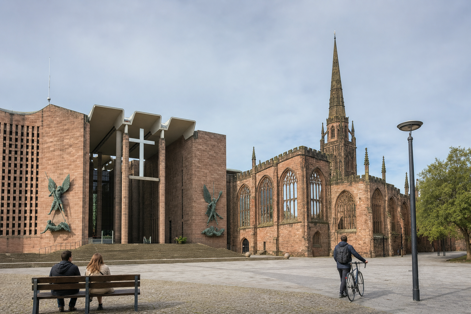 People near Coventry Cathedral with its modern and historic architecture on a clear day.