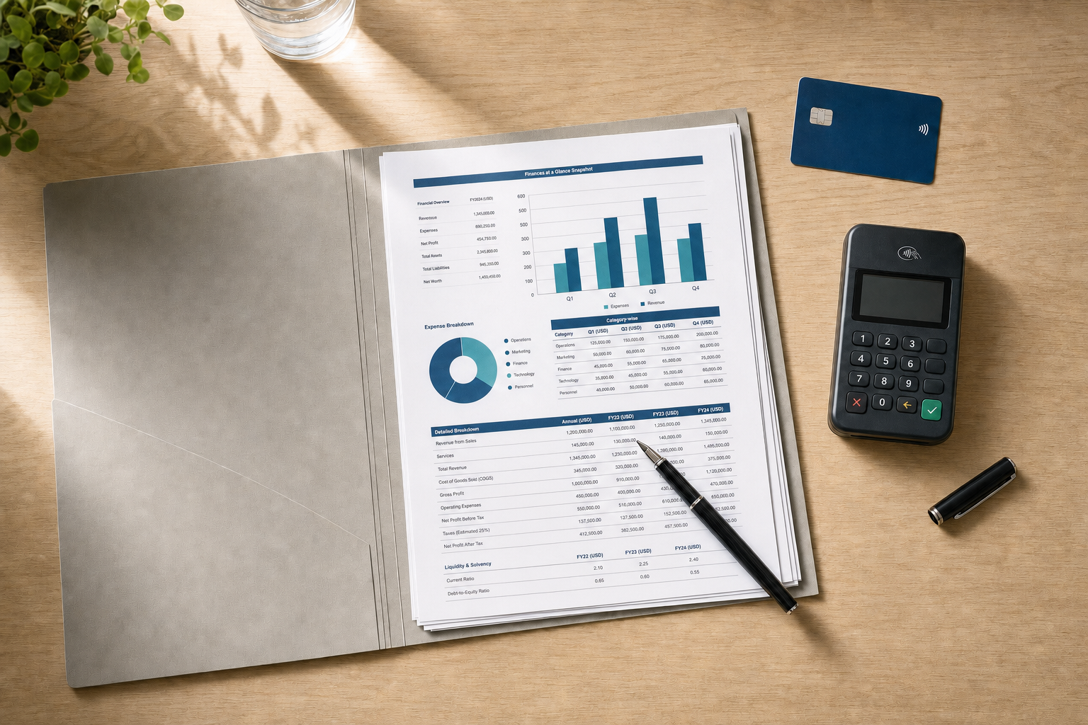 A financial report with graphs in a folder on a desk, accompanied by a payment terminal, a card, and a pen.