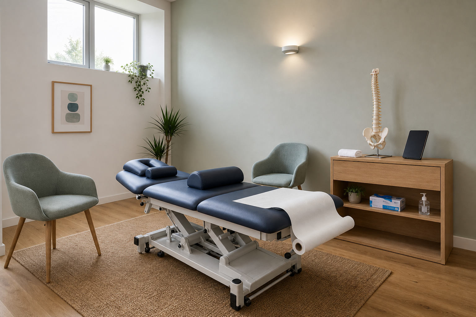 An empty physiotherapy room with a blue treatment table, two chairs, and a model spine on a cabinet.