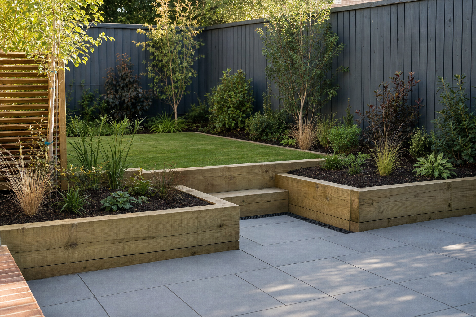 A well-landscaped garden features raised wooden planters, a small lawn, and a grey painted fence.