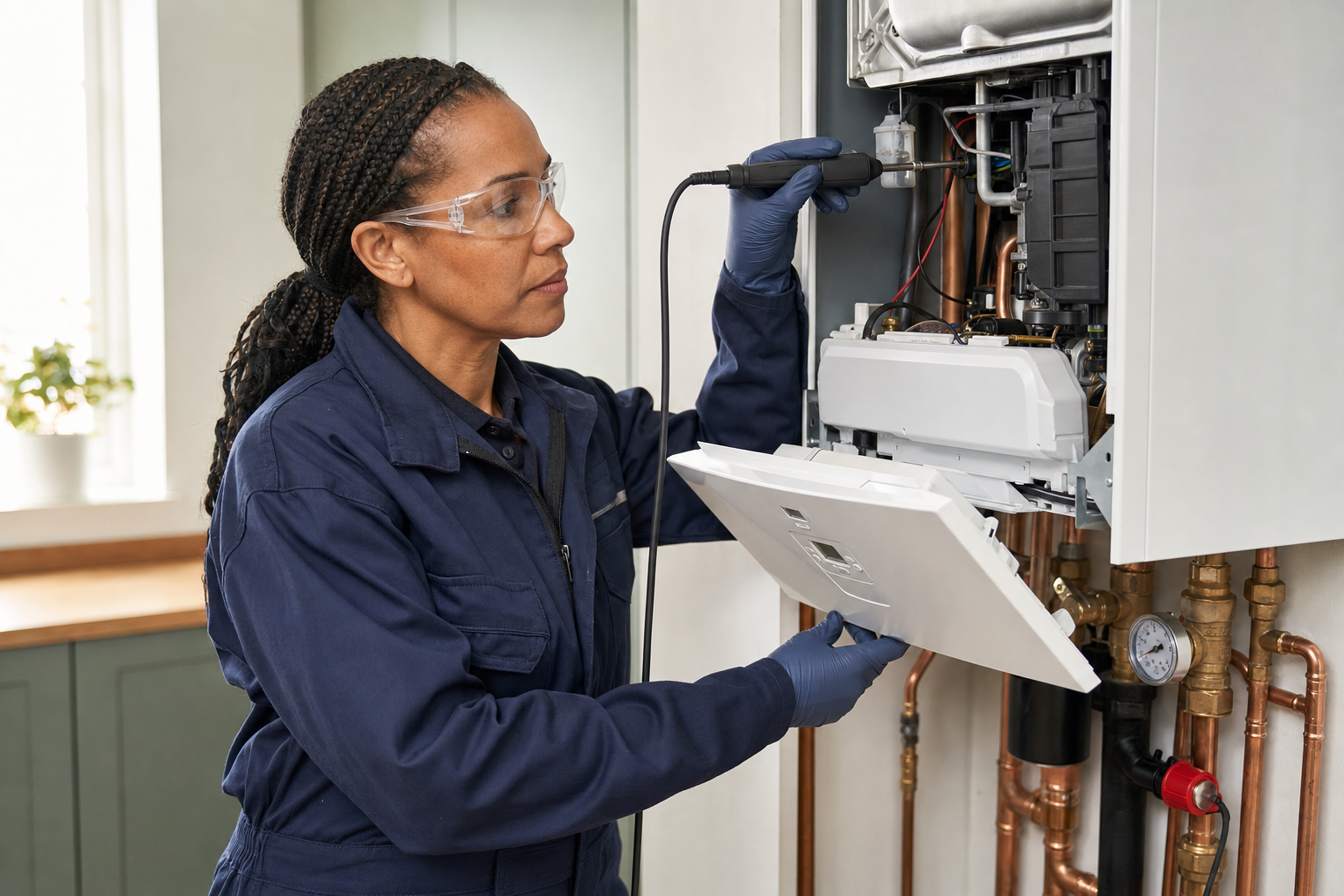 Engineer inspecting a boiler with tools, wearing safety goggles and gloves.