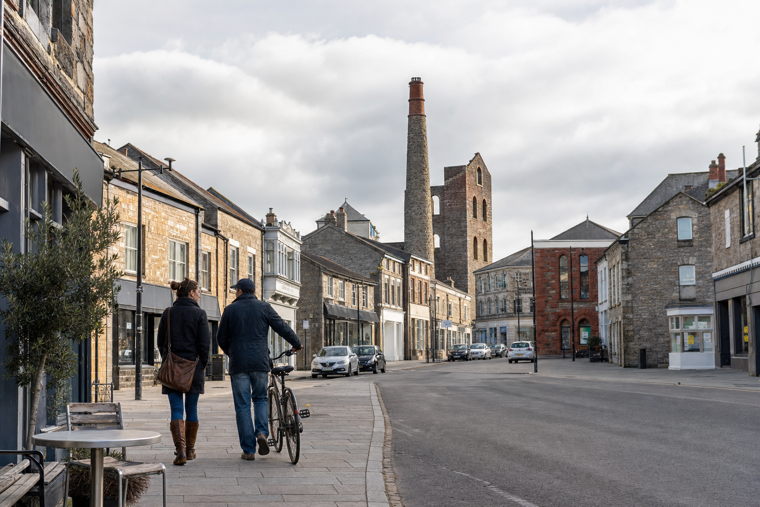 A couple walks along a quiet street with a bicycle, surrounded by historic stone buildings on a cloudy day.