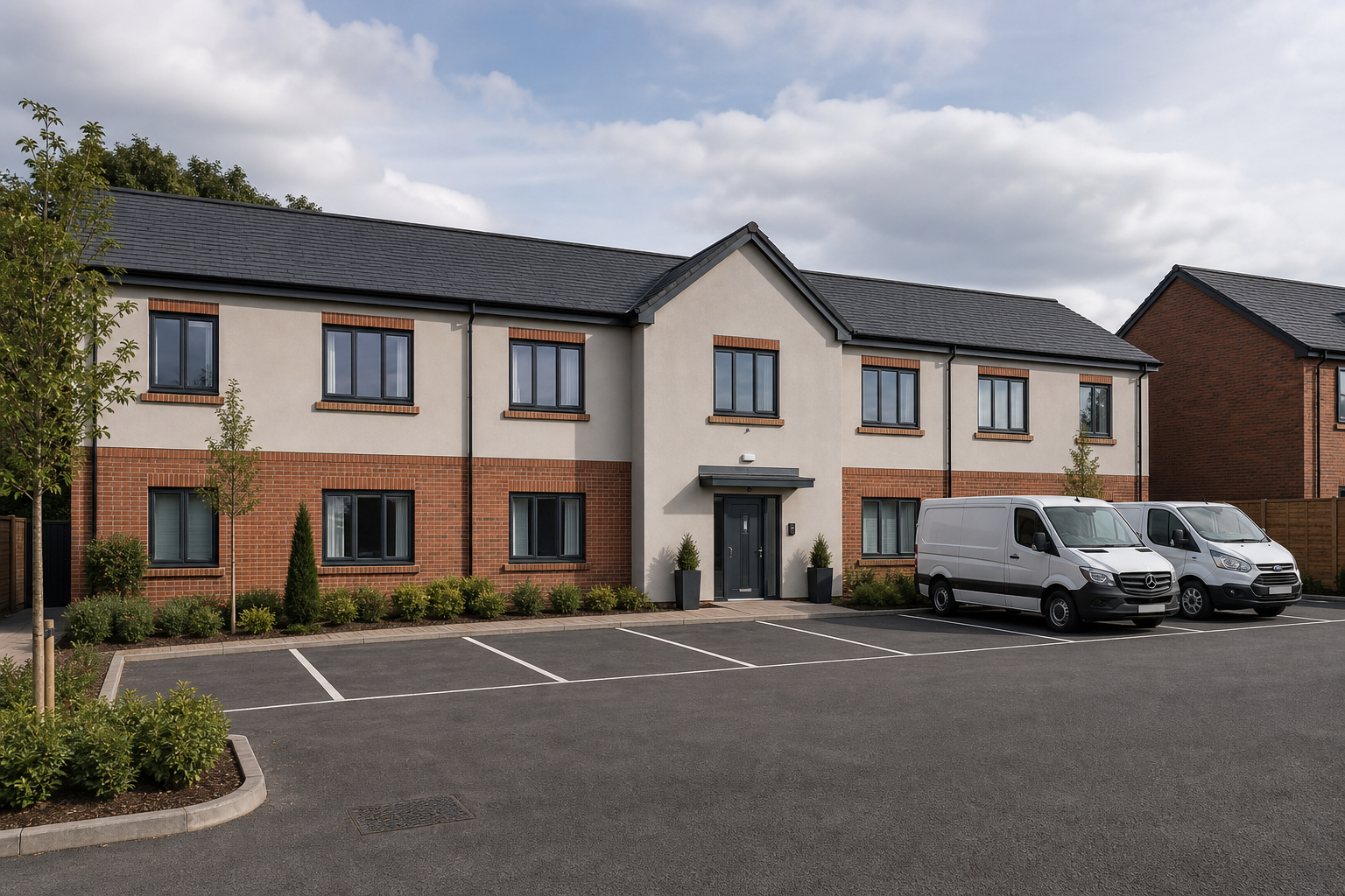 Modern two-storey brick building with three white vans parked in an empty lot under a cloudy sky.