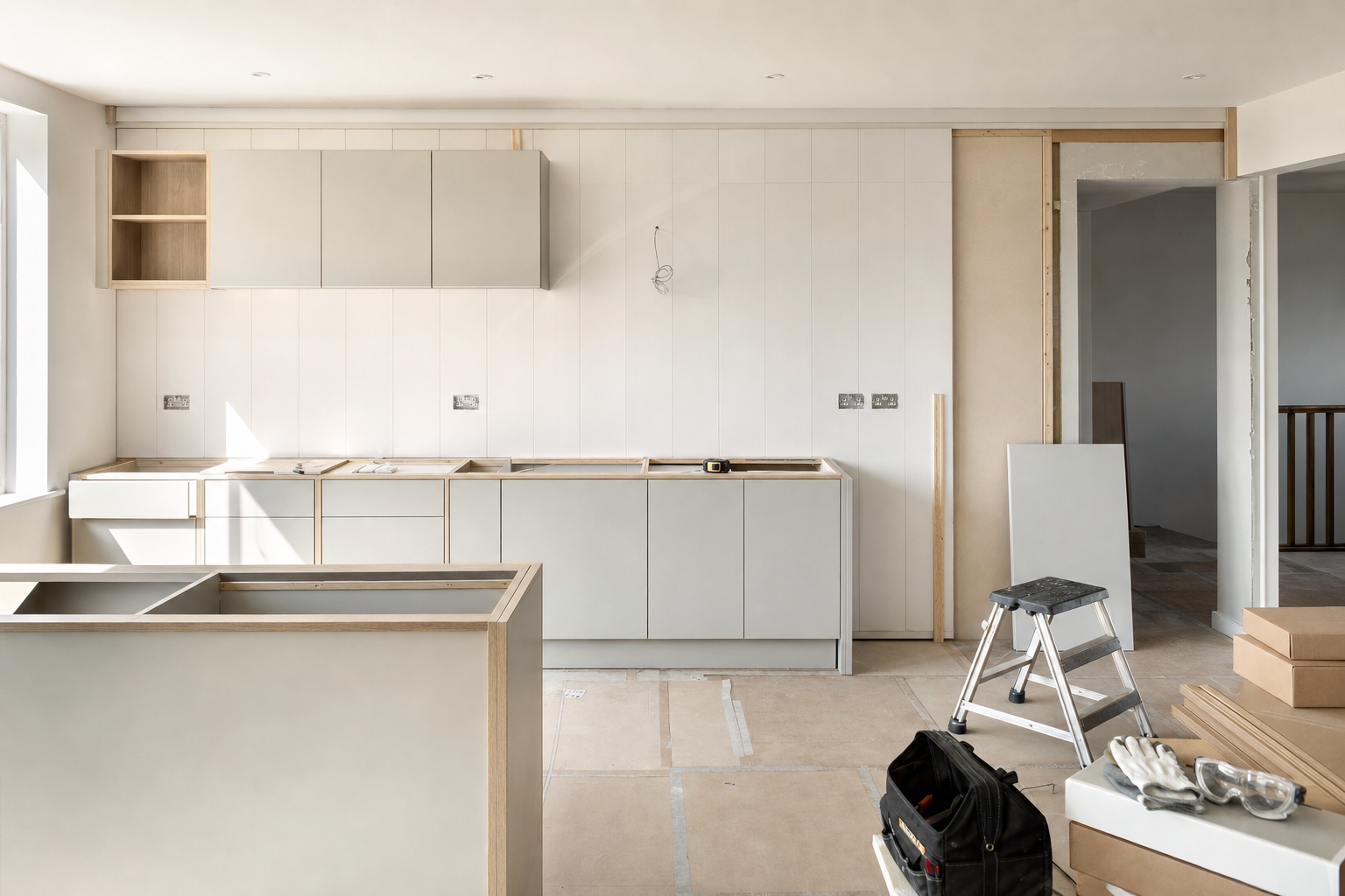 Modern kitchen under construction with white cabinets, step ladder, tools, and protective gloves on a worktop.