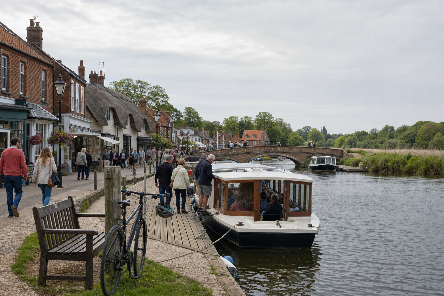 People strolling along a riverside path with a boat moored and a historic bridge in the background.