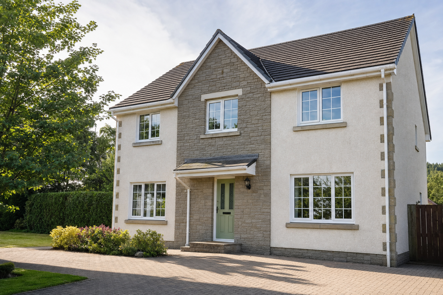 A two-storey house with a stone façade and green front door, surrounded by a well-kept garden and trees.