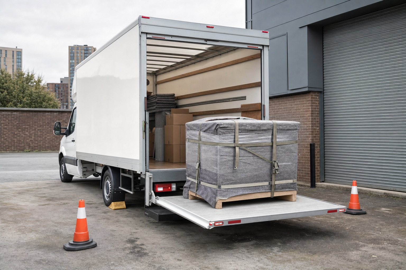 A delivery lorry with an open rear door and a large wrapped package on the loading platform near a warehouse.