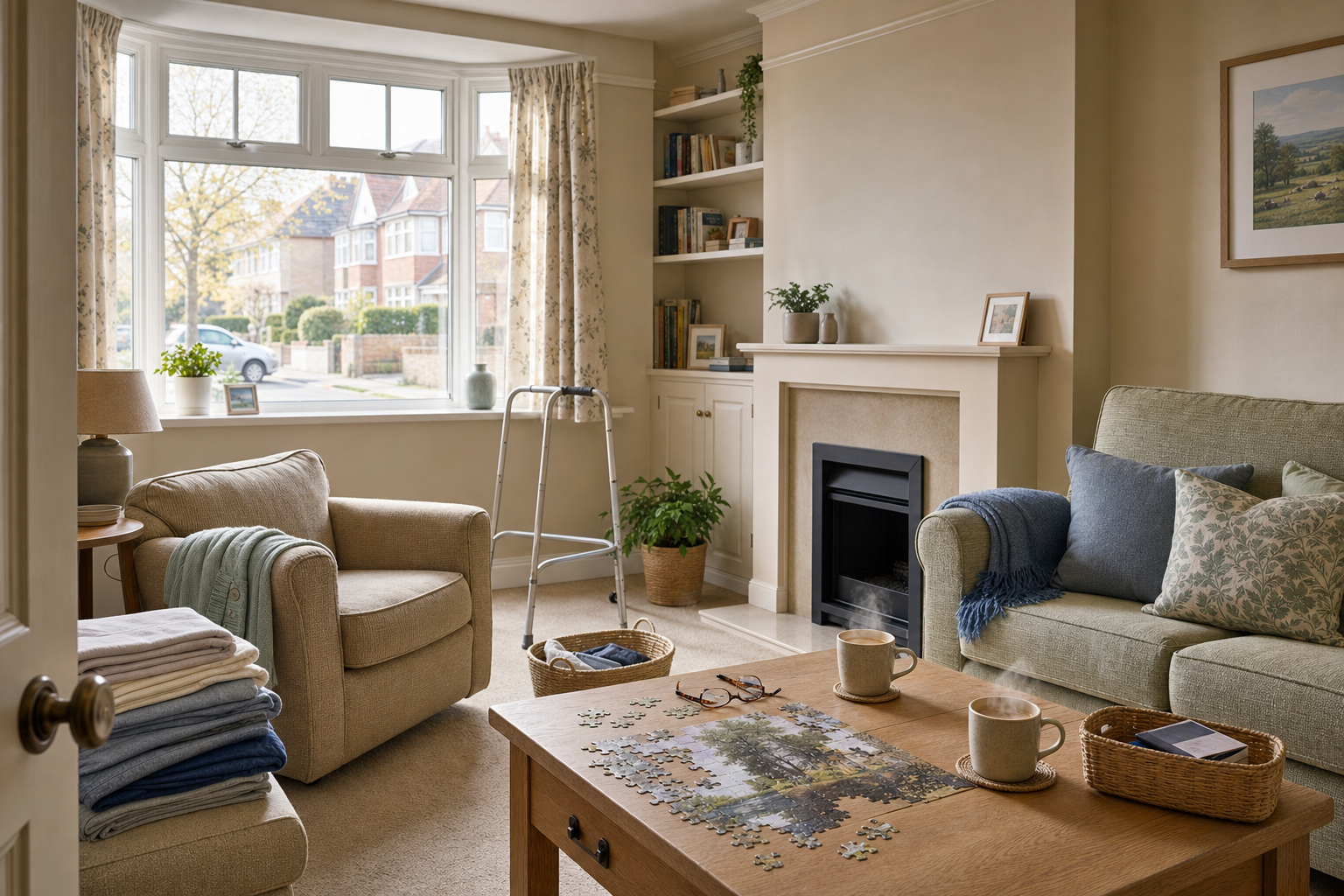 Cosy living room with a puzzle on the coffee table, a walker by the window, and steam rising from two mugs.