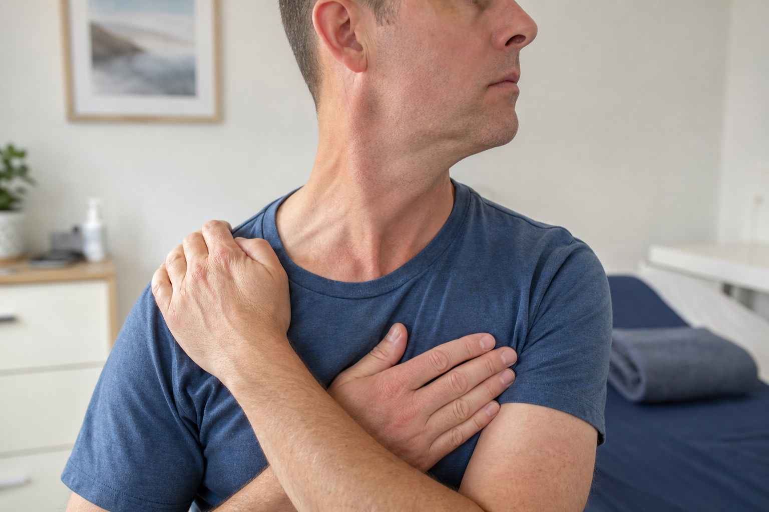 Man in a blue t-shirt performs a shoulder stretch in a room with a bed and framed artwork on the wall.