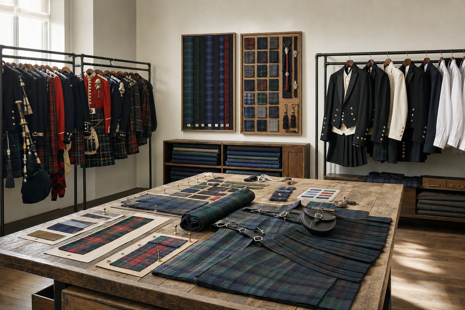 Traditional Scottish kilts and attire displayed on racks and a table in a well-lit tailor's workshop.
