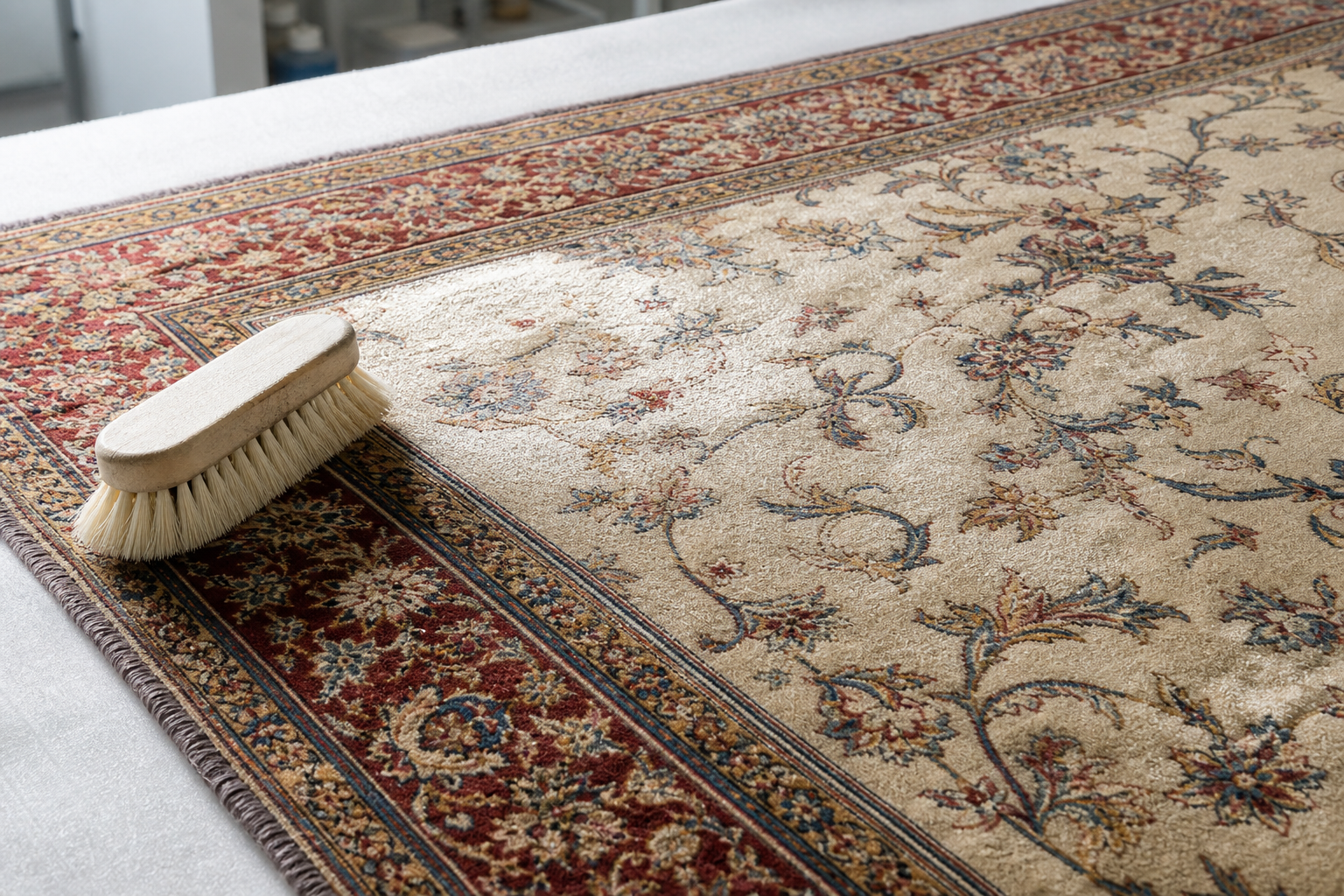 A plush brush rests on a richly patterned carpet with floral designs, suggesting a cleaning process.