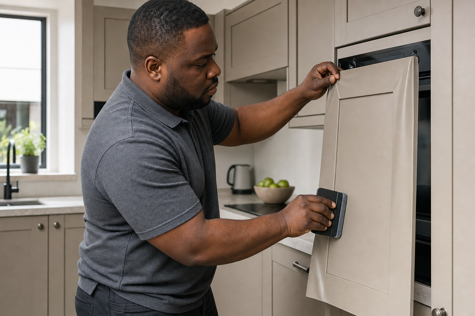 A man installs a grey cabinet panel in a modern kitchen.