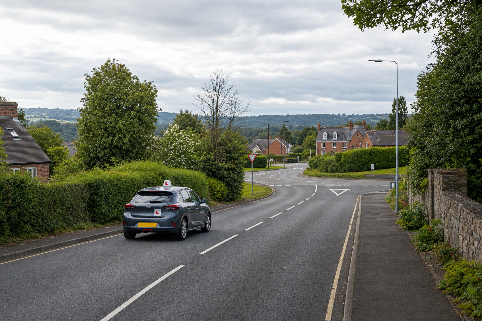 A learner driver car navigates a quiet suburban road lined with hedges and trees under a cloudy sky.