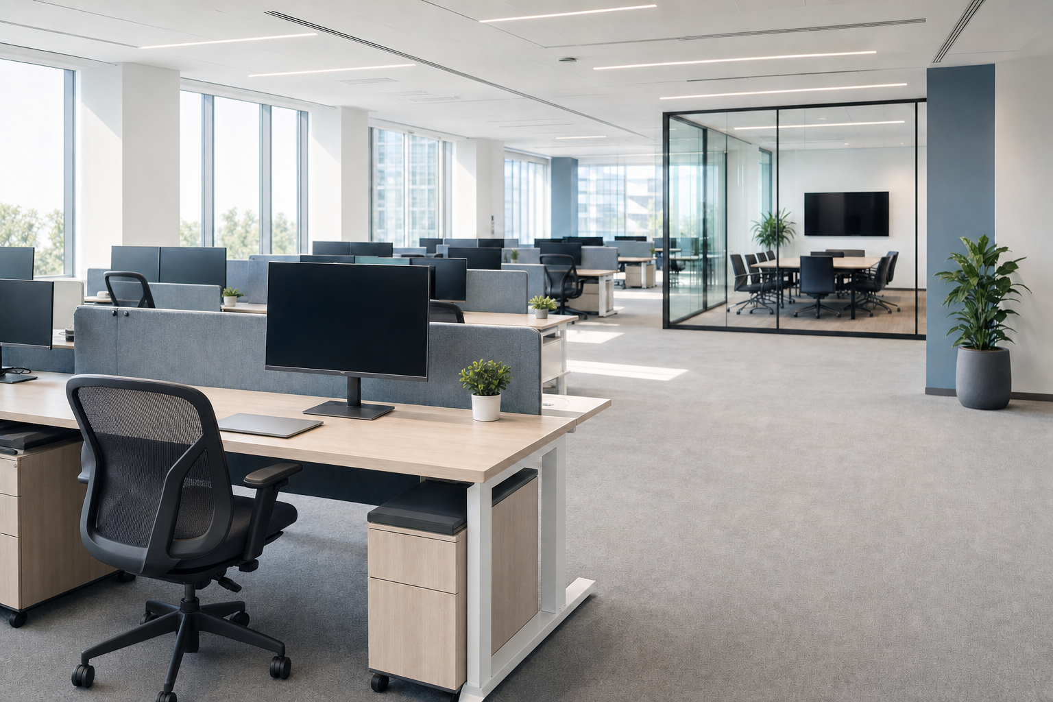Modern open-plan office with desks, computers, and a glass-walled meeting room, illuminated by natural light.