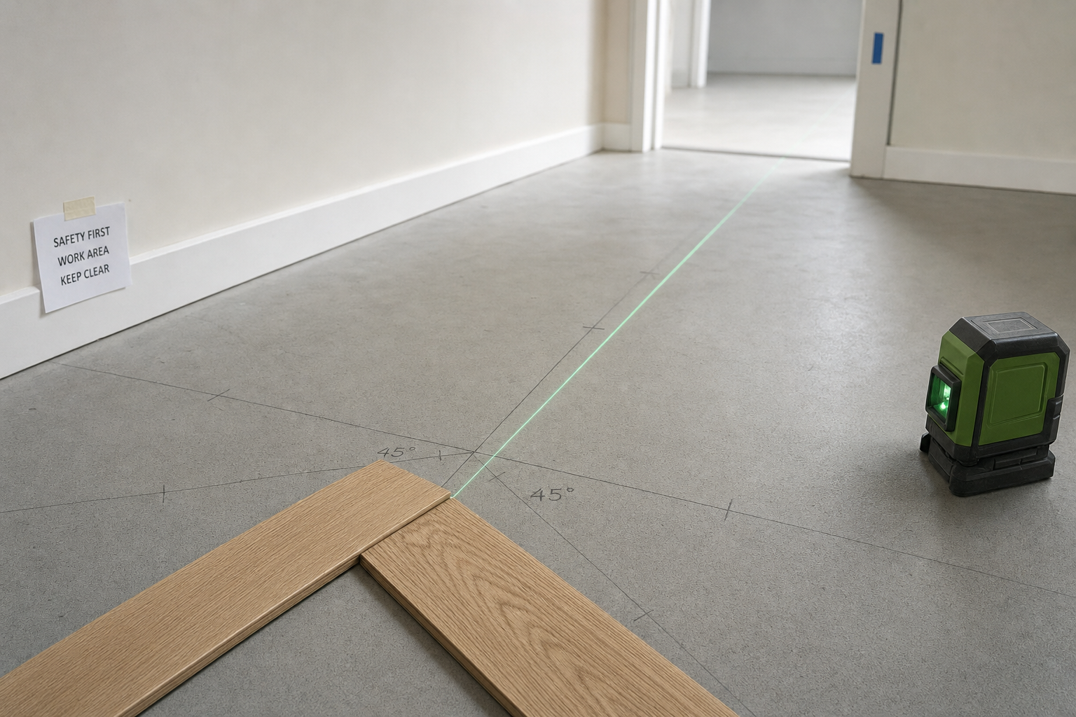 Precision laser level project line along a white wall and skirting board in a renovated room