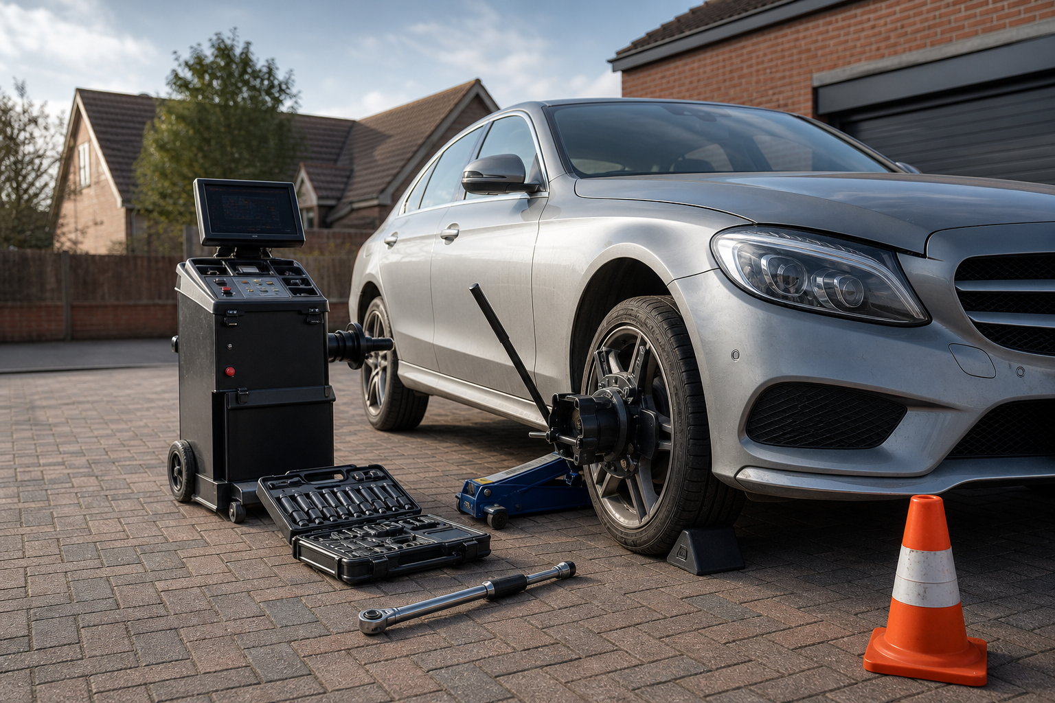 Car undergoing wheel alignment with tools and equipment on pavement.