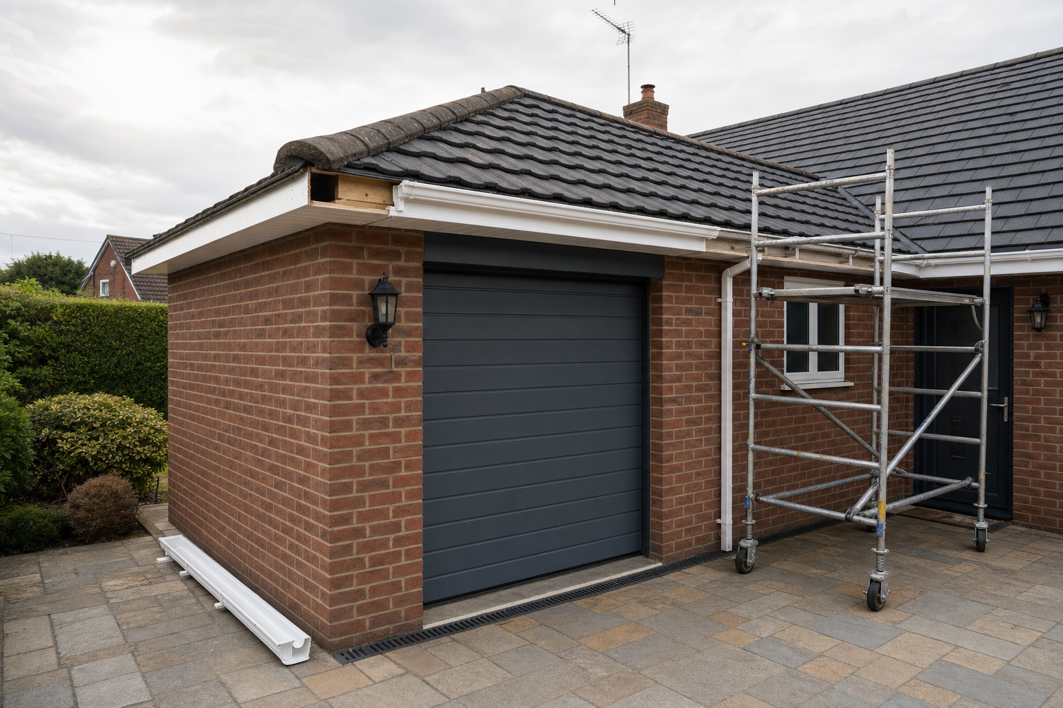 Brick garage with a dark grey door and scaffolding, suggesting ongoing renovations or maintenance.