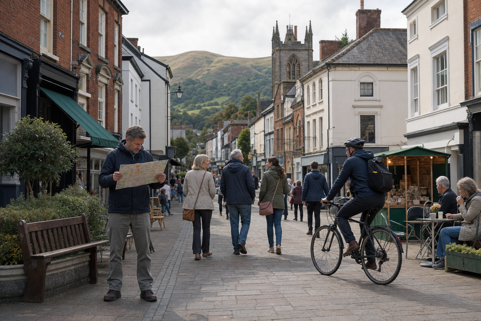 A man reads a map on a bustling street with bicyclists and pedestrians, overlooked by a church and rolling hills.