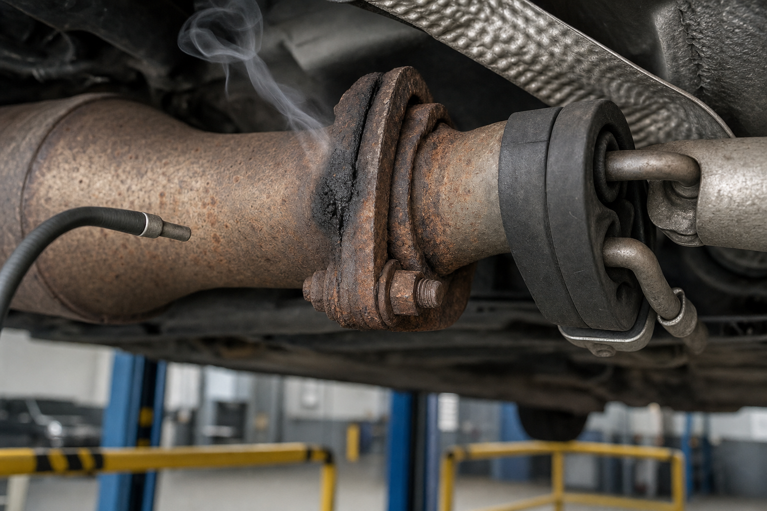 Rusty exhaust pipe with a visible crack emitting smoke in a garage setting.