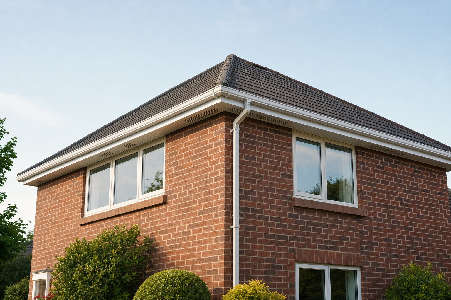 Red brick house corner with white-framed windows, surrounded by green shrubs and a clear blue sky above.