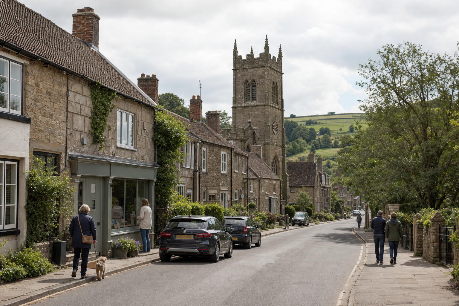 Quaint English village street with stone cottages, a church tower, pedestrians, and parked cars on a cloudy day.