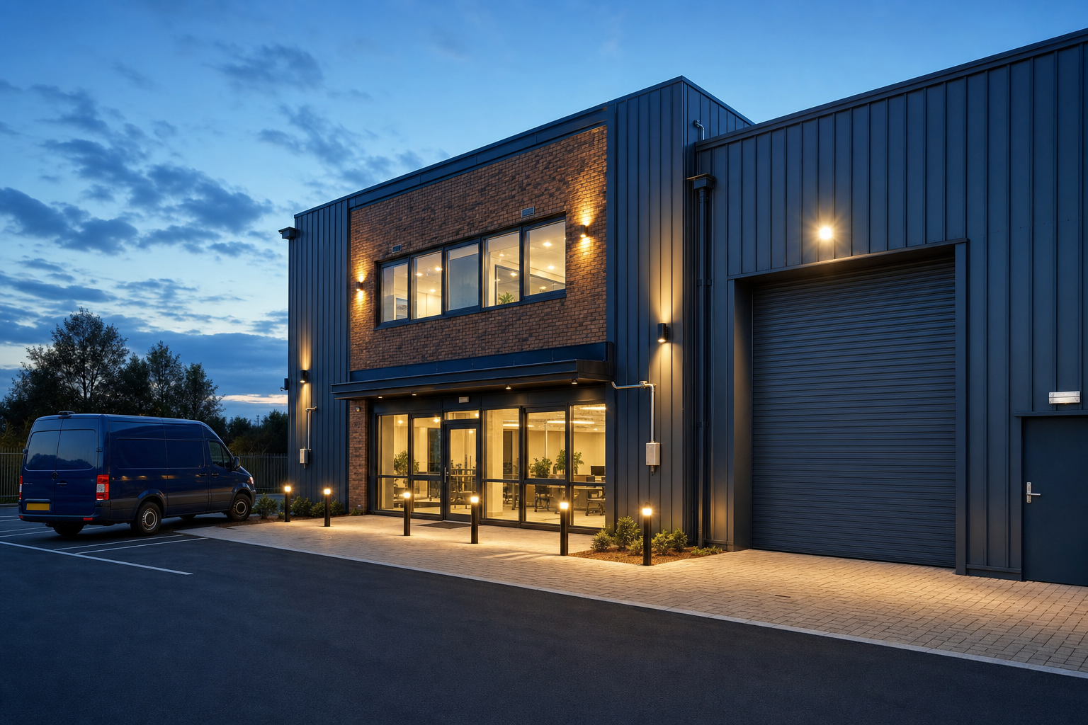 Modern commercial building with large windows and a parked van, illuminated at dusk.