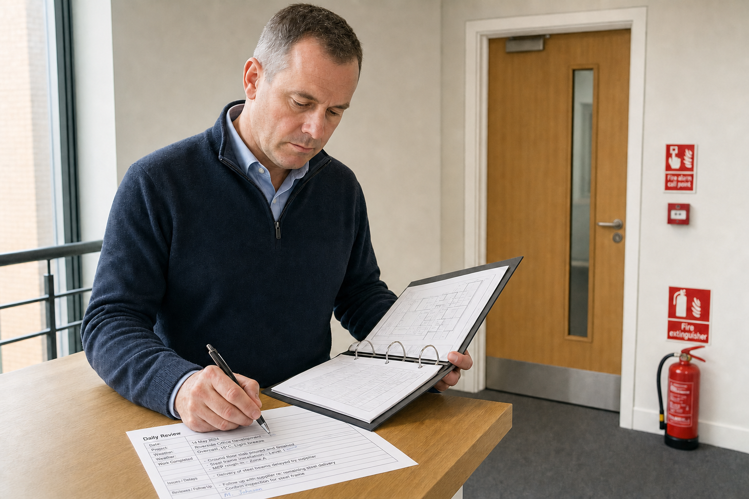 Man reviewing architectural plans and making notes at a table near a fire extinguisher.